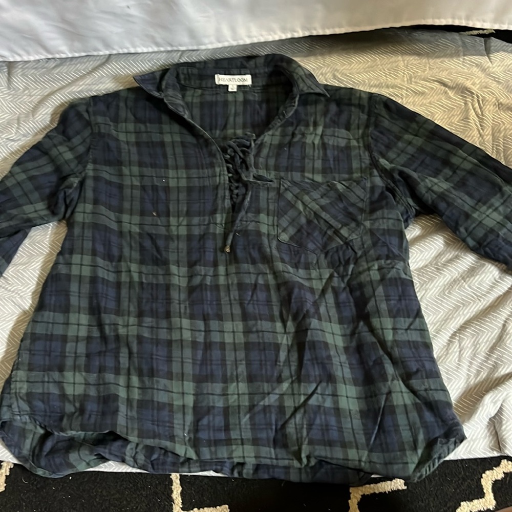 feminine cut plaid shirt with crisscross tie neck